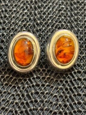 Vintage Genuine Amber Sterling Silver Stud Earrings 0.75"